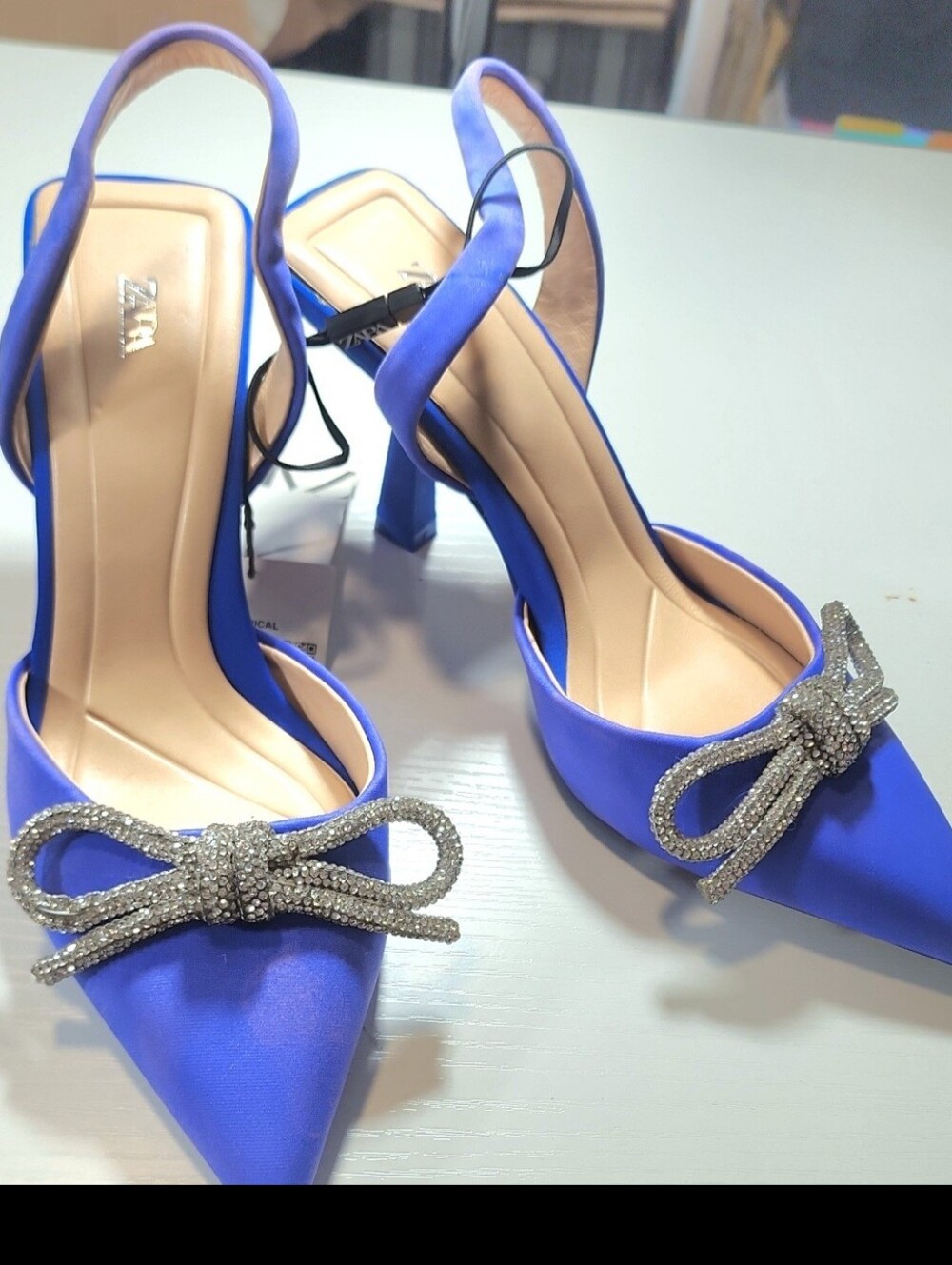Zara Cobalt Satin Slingback Heels with Crystal Bow Accent